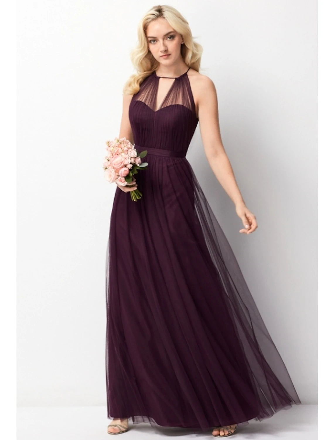 Wholesale A-Line Bridesmaid Dress Halter Neck Sleeveless Elegant Floor Length Chiffon / Tulle